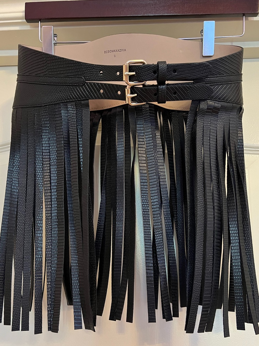 BCBGMAXAZRIA Black Fringe Leather Waist Belt Size Small